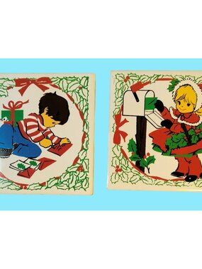 Ceramic Tile Little Girl Boy Sending Holiday Mail Vintage Christmas Trivet JASCO